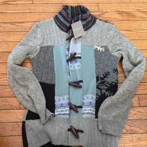 NWT Anthropologie “preloved” patchwork toggle sweater